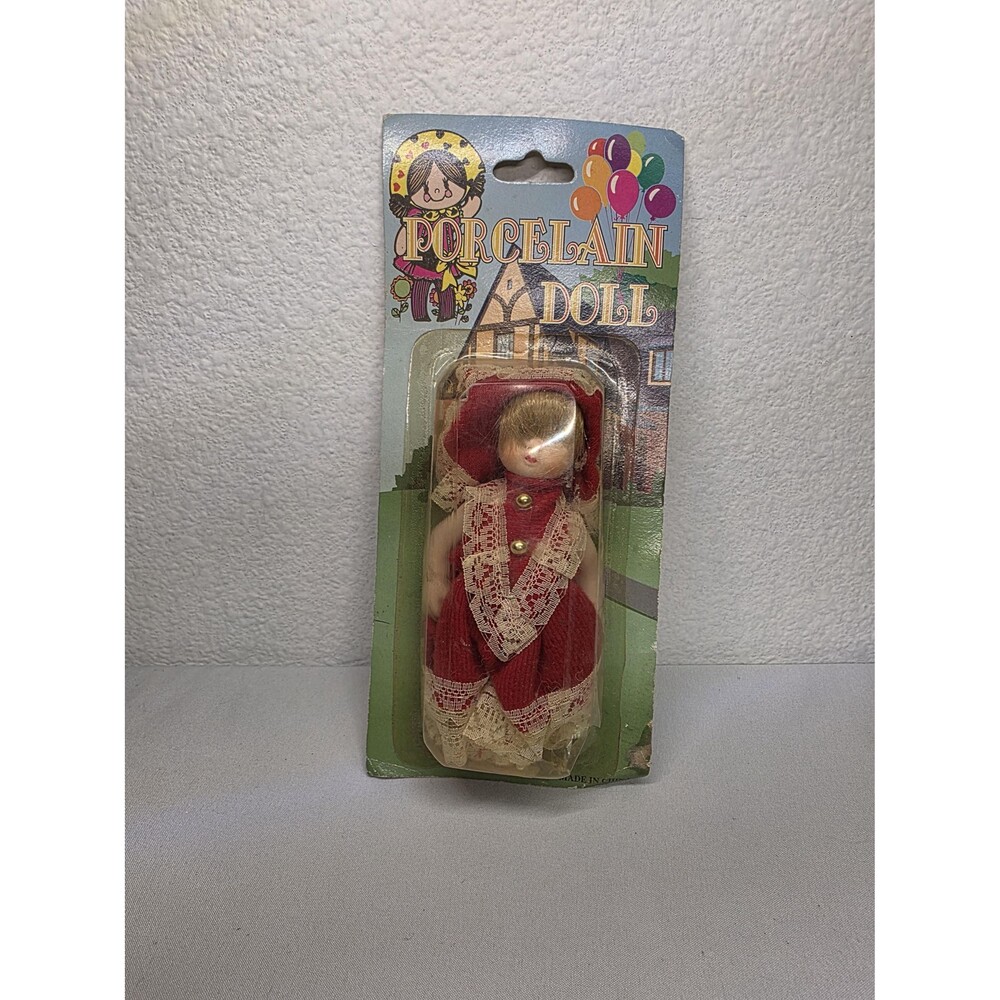 Vintage Porcelain Doll in Original Sealed Packaging, Red Lace Dress Mini Doll